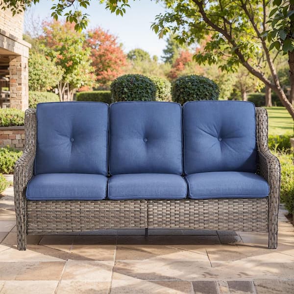 Carolina Gray 1 Piece Wicker Outdoor Couch Gray Wicker with Blue Cushion