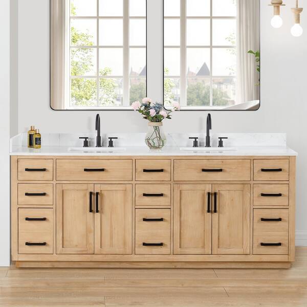 Gavino 84 in.W x 22 in.D x 34 in.H Bath Vanity in White with Grain White Composite Stone Top