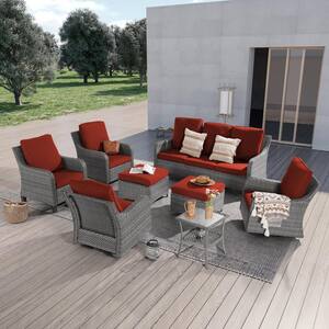 8-Piece Gray Wicker Patio Conversation Set with Swivel Rocking Chairs and Side Table, Rust Red