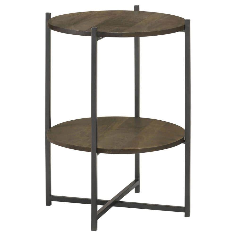 Benjara 18 in. Brown and Black Round Wood End Table with 1 Open Shelf BM302462 The Home Depot