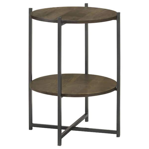 Benjara 18 in. Brown and Black Round Wood End Table with 1 Open Shelf