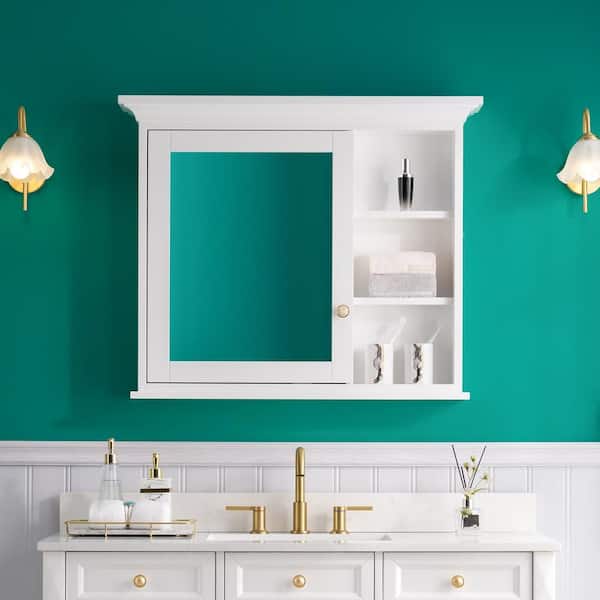 WELLFOR EAB Series 36 in. W x 30 in. H Rectangular Solid Wood Medicine Cabinet with Mirror