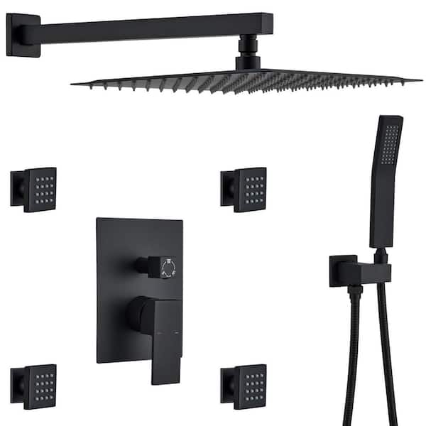 Unbranded Rain Shower System 3-Spray Wall Bar Shower Kit with 4 Pcs Body Sprays Jets in Matte Black Shower Head And Handheld