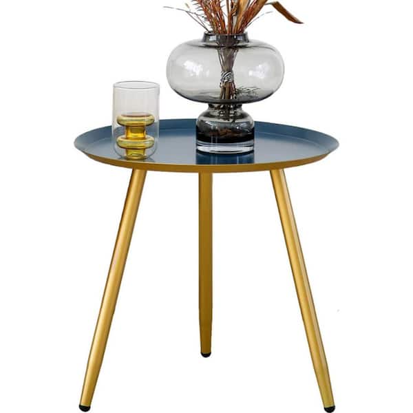 FORCLOVER Blue Round Metal Outdoor Side Table Tray Accent Table End Table