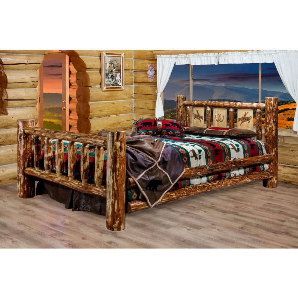 King Brown Pine Wood Upholstered Panel Bed with Headboard