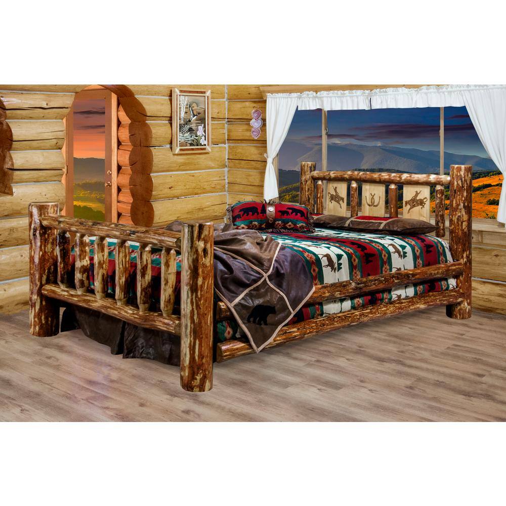 Twin Brown Pine Wood Frame Panel Bed with Engraved Headboard