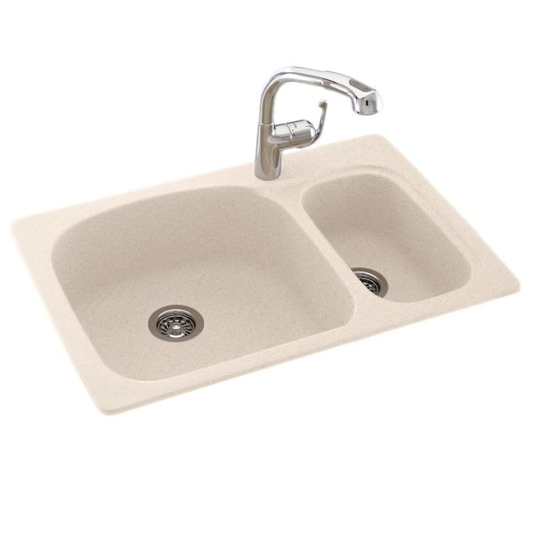 Swan Drop-In/Undermount Solid Surface 33 in. 1-Hole 70/30 Double Bowl Kitchen Sink in Tahiti Sand