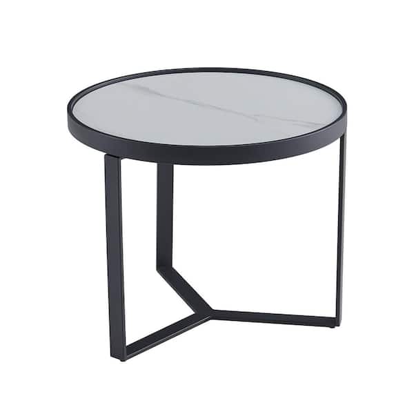 Utopia 4niture Crosby Round Side Table with Black Metal Frame and Sintered Stone Table Top (23.62"W X 19.69"H)