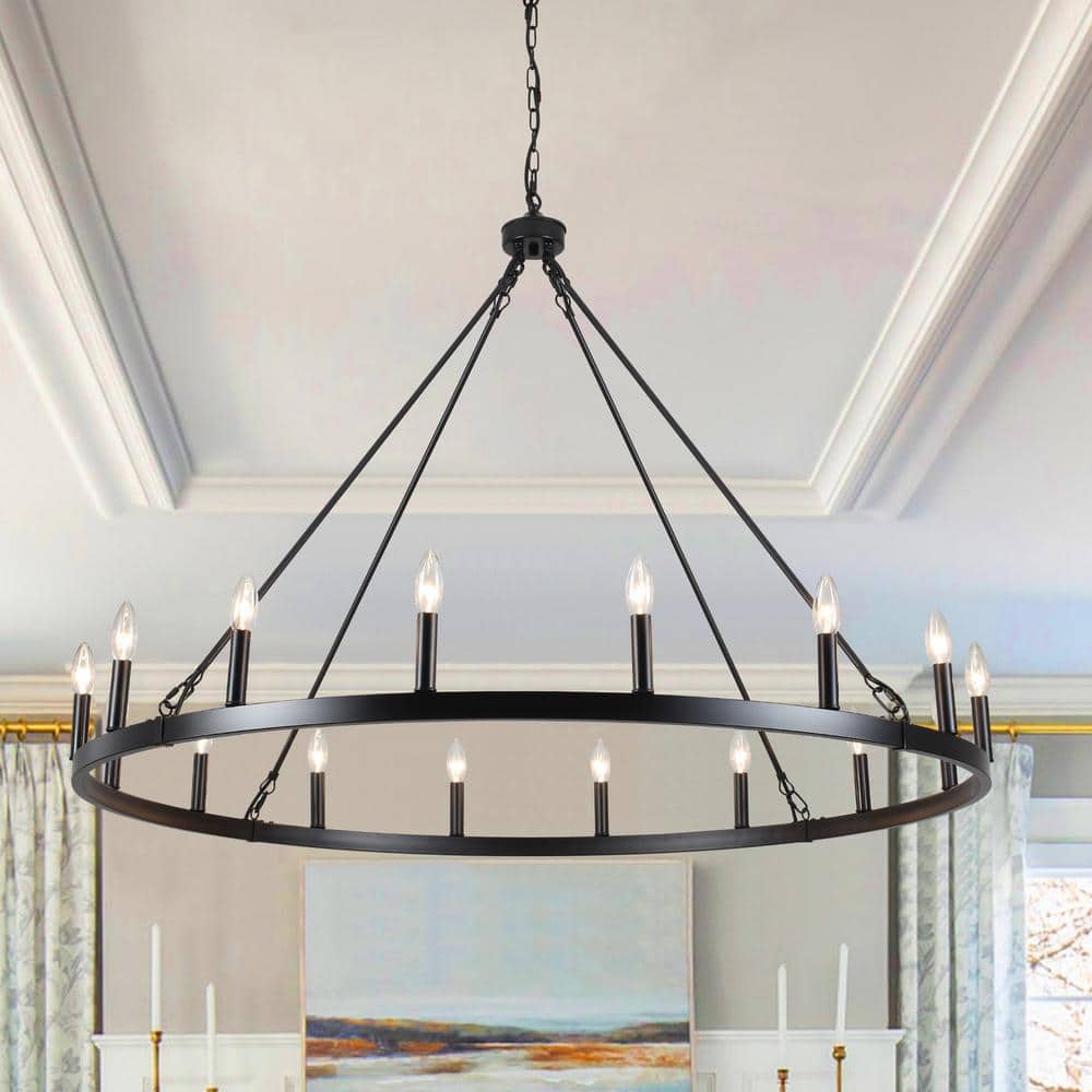 Matte Black 47-Inch Metal Candle Wagon Wheel Chandelier