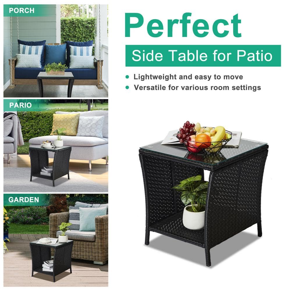 Black Wicker Outdoor Side Table with Glass Top and Storage