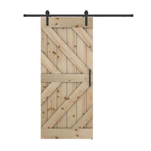 Triple KR 30 in. x 84 in. Fully Set Up Unfinished Pine Wood Sliding Barn Door with Hardware Kit