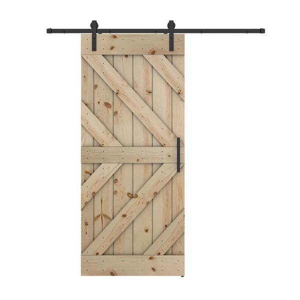 Dessliy Triple KR 42 in. x 84 in. Fully Set Up Unfinished Pine Wood Sliding Barn Door with Hardware Kit
