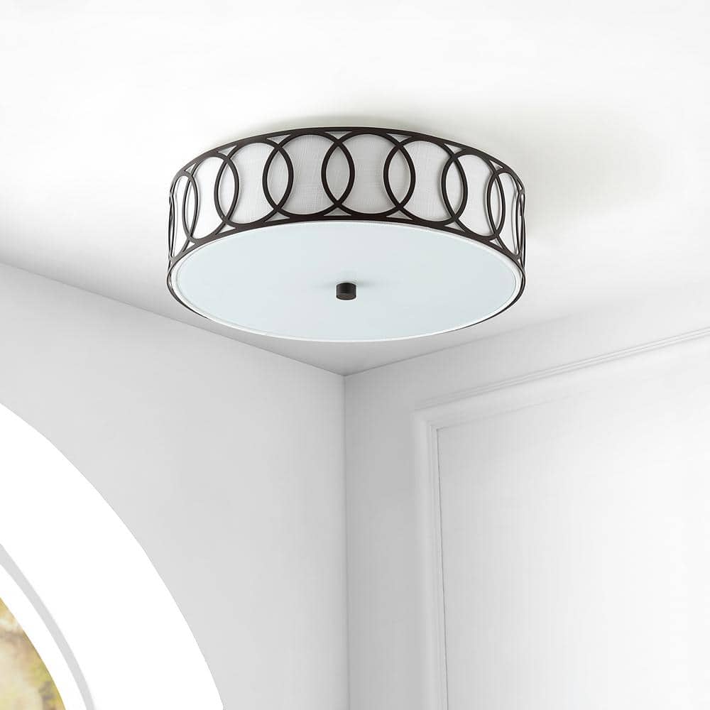 Aubrey Contemporary 15.5" LED Flush Mount in Oil Rubbed Bronze with Linen Shade