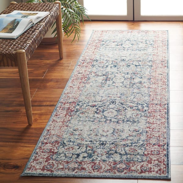 Antique Patina 4 ft. x 10 ft. Blue/Rust Distressed Border Ornate Runner Rug