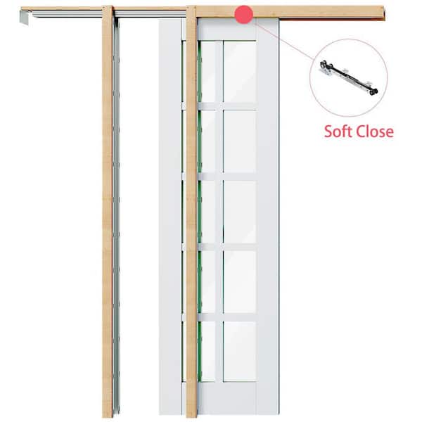 48 in. x 80 in. White Primed Composite 10 Lite Clear Glass Pocket Door, Double Door with Soft Close, Frame and Hardware
