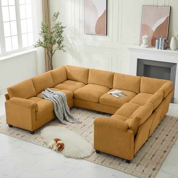 115 in. Corduroy Modular U-Shaped Yellow 8-Seat Sectional Sofa for Living Room and Spacious Space