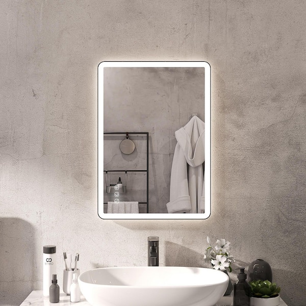 28 in. W x 20 in. H Rectangular Angle Rounded Framed Super Bright LED Wall Mounted Bathroom Vanity Mirror in Matte Black