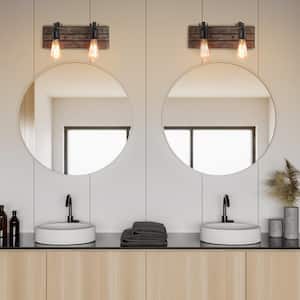 2-Light Modern Farmhouse Black Wall Sconce Rustic Solid Wood Bathroom Powder Room Vanity Light