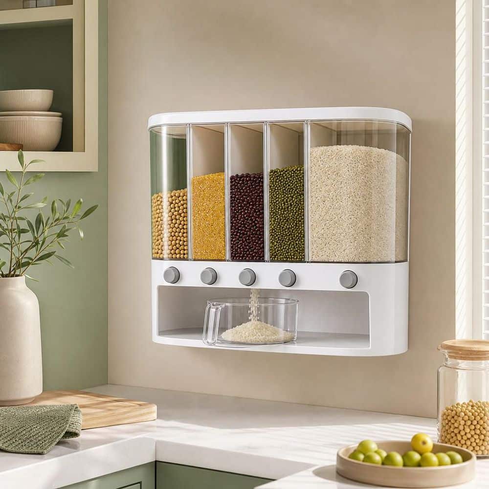Numhew 1-Piece Rectangular Wall mounted 5 Grid Dry Food Dispenser