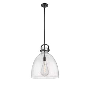 Newton Bell 100-Watt 1 Light Matte Black Shaded Pendant Light with Seeded glass Seeded Glass Shade