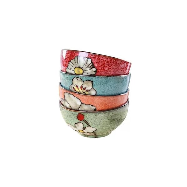 28 fl. oz. Blue Red Green Pink Multicolor Ceramic Bowl Kitchen Serving (Set of 4) Dishwasher Microwave Oven Safe