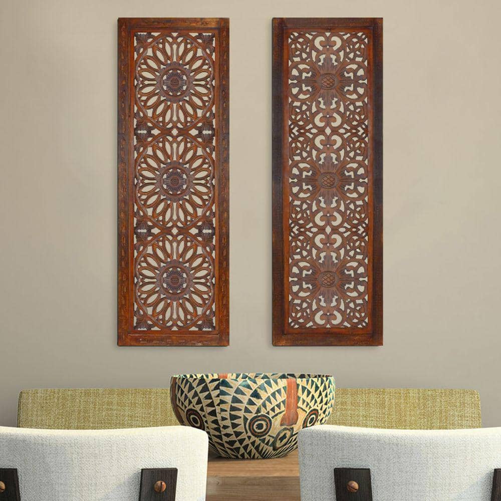 Burnt Brown Mango Wood Wall Panels with Medallion Carving, 16" x 48"