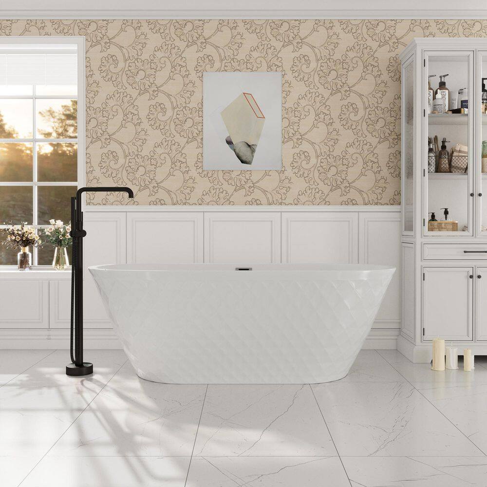 White Diamond Pattern Acrylic Freestanding Soaking Bathtub