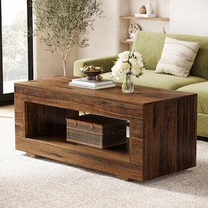 Calvin 43.3 in. Brown Rectangle Wood 2-Tier Coffee Table Modern Farmhouse Unique Low Storage Cocktail Center Table