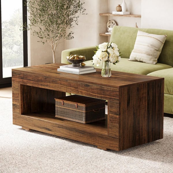 TRIBESIGNS WAY TO ORIGIN Calvin 43.3 in. Brown Rectangle Wood 2-Tier Coffee Table Modern Farmhouse Unique Low Storage Cocktail Center Table