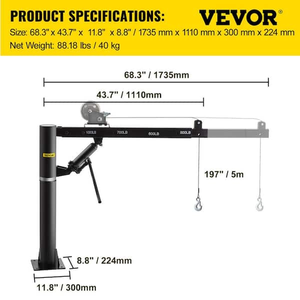 VEVOR Davit Crane 1000 lbs. Pickup Truck Crane with 360 Degree