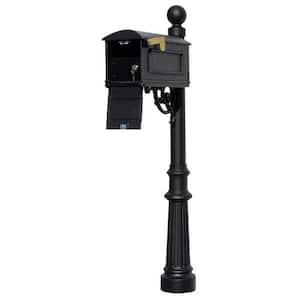 Lewiston Black Post Mount Locking Insert Mailbox with Decorative Fluted Base and Ball Finial