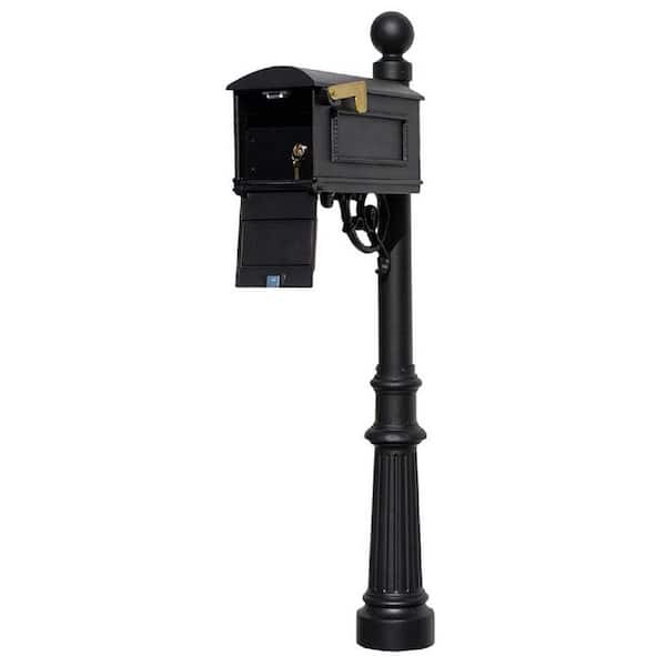 Unbranded Lewiston Black Post Mount Locking Insert Mailbox with Decorative Fluted Base and Ball Finial