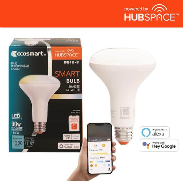 EcoSmart 90-Watt Equivalent Smart BR30 Tunable White CEC LED Light Bulb with Voice Control (1-Bulb) Powered by Hubspace
