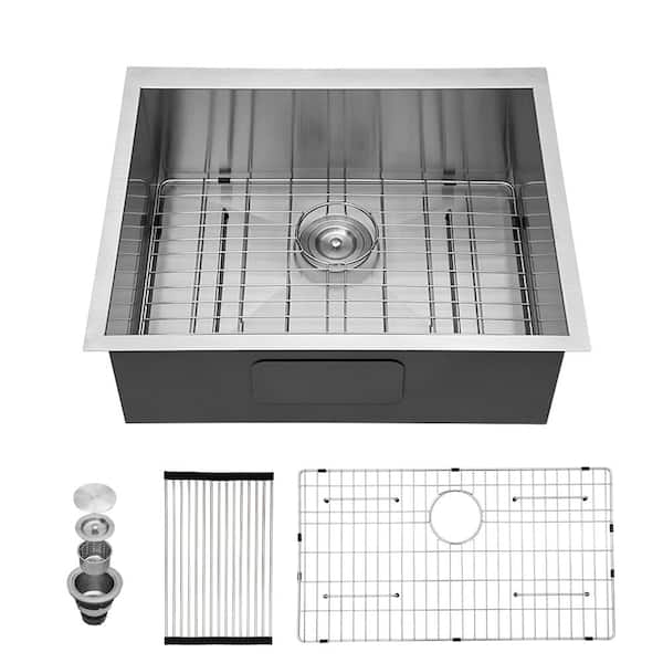 ANGELES HOME 25 in. Undermount 304-Stainless Steel Single Bowl 16-Gauge Kitchen Sink with Dish Grid, Drain Assembly, Brushed Nickel