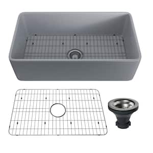 33 in. Farmhouse/Apron-Front Single Bowl Matte Gray S1 Fine Fireclay Kitchen Sink with Bottom Grid and Strainer Basket