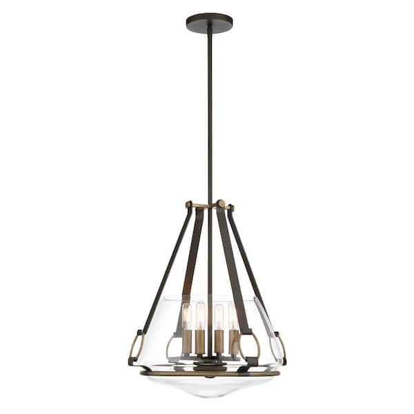 Minka Lavery Eden Valley 4-Light Smoked Iron and Aged Gold Pendant to Semi-Flush with Clear Glass Shade