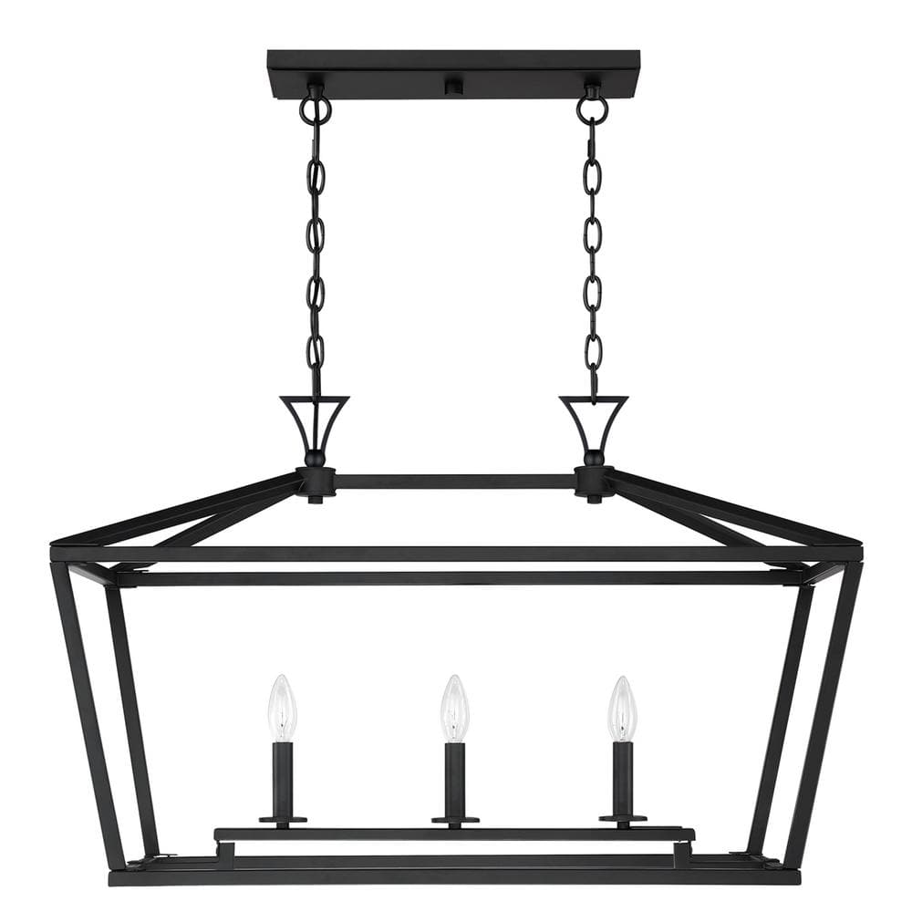Matte Black 3-Light Linear Chandelier with Open Lantern Design