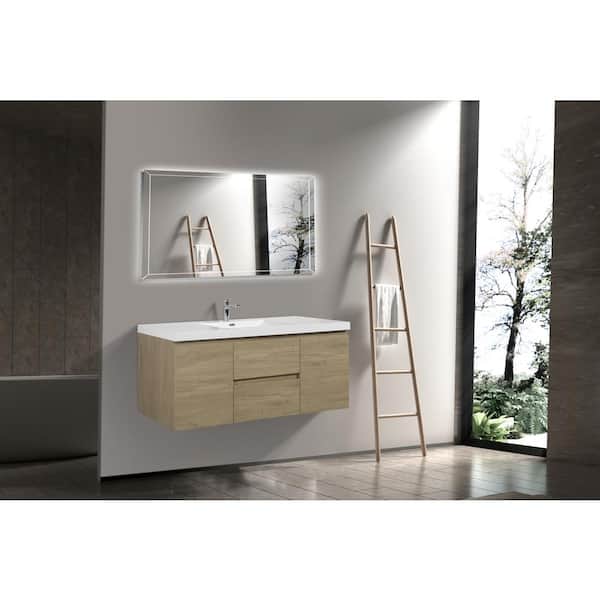 58.74 in. W Single Sink Wall-Mounted Natural Oak Bath Vanity With White Resin Top Unassembled