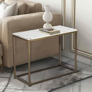 Adria 28 in. Rectangular White Faux Marble Table Top End Table With Gold Metal Legs