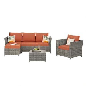 Vesta Gray 6-Piece Wicker Outdoor Patio Conversation Sofa Set with Orange Red Cushions