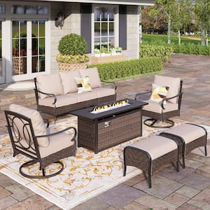 Metal Frame Dark Brown Rattan 6-Piece Steel Outdoor Fire Pit Patio Set with Beige Cushions, Rectangular Fire Pit Table