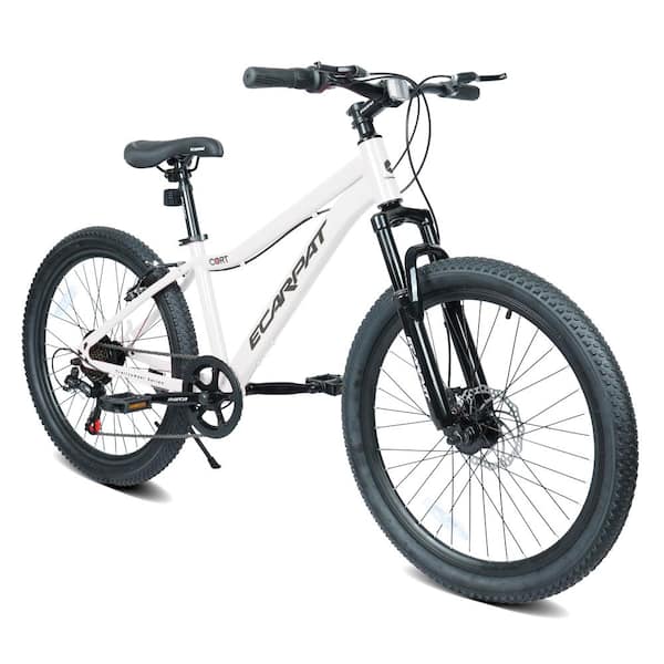 24 Inch White Youth Mountain Bike with Dual Disc Brakes, 7 Speed, Front Suspension, Durable Steel Frame & Alloy Rims