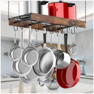 24 in. x 13 in. x 2.4 in. Black and Brown Ceiling Mount Hanging Pot Rack with 12-Hooks for Kitchen