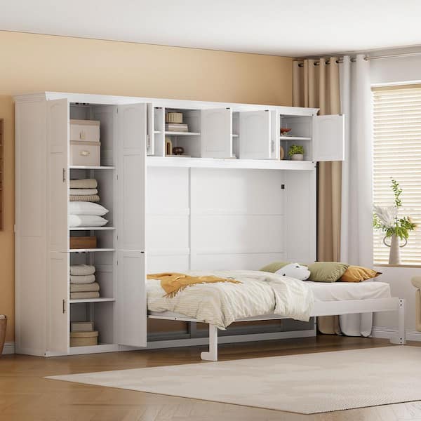 White Wood Frame Queen Size Murphy Bed with Cabinets