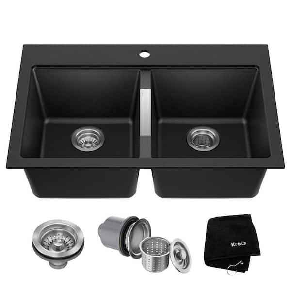 Quarza Black Onyx 33 Inch Drop-in / Undermount 50/50 Double Bowl Granite Kitchen Sink