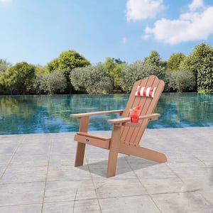 Classic Outdoor Patio Weather-Resistant Wood Lounge Adirondack Chair with Cup Holder in Brown
