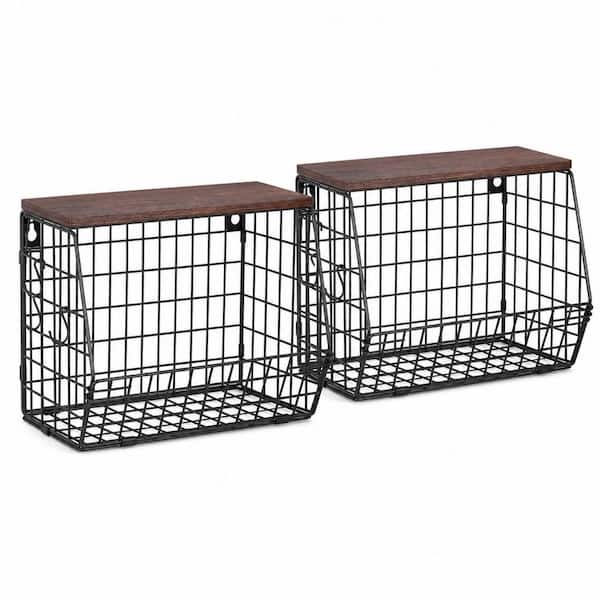 2 Pieces Stackable Kitchen Fruit Basket with Wood Lid, Wall and Countertop Organizer, Metal Hanging Fruit Basket