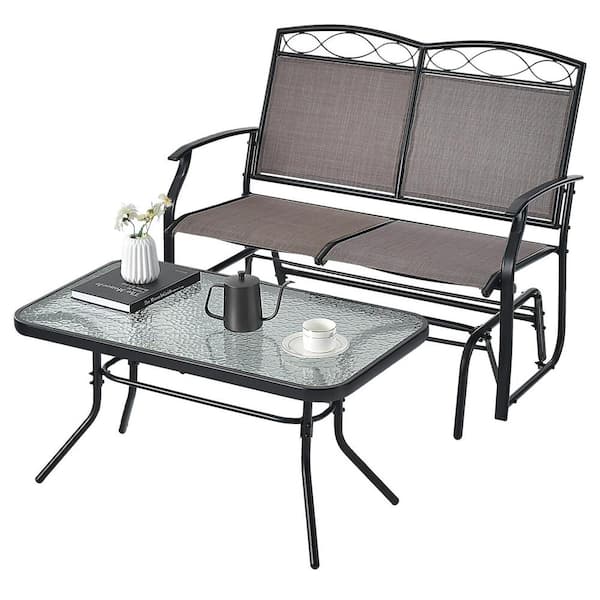 Gymax 2-Piece Metal Patio Conversation Set Outdoor Loveseat Glider Chair w/Tempered Glass Coffee Table