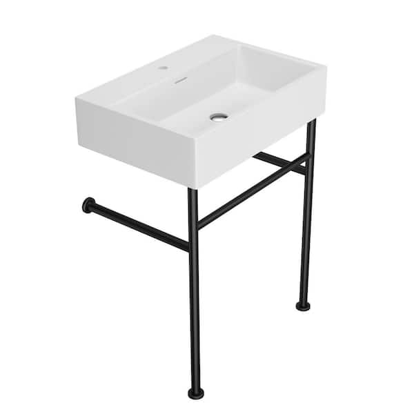 LORDEAR 24 in. x 16.5 in. Freestanding Ceramic Rectangular Bathroom Console Sink With black Support Legs