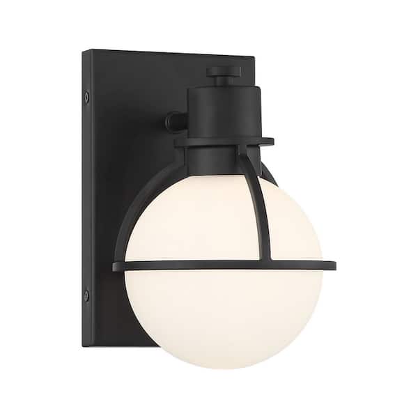 Savoy House Pierce 5.75 in. W x 8.5 in. H 1-Light Matte Black Dimmable Wall Sconce with Opal Glass Shade